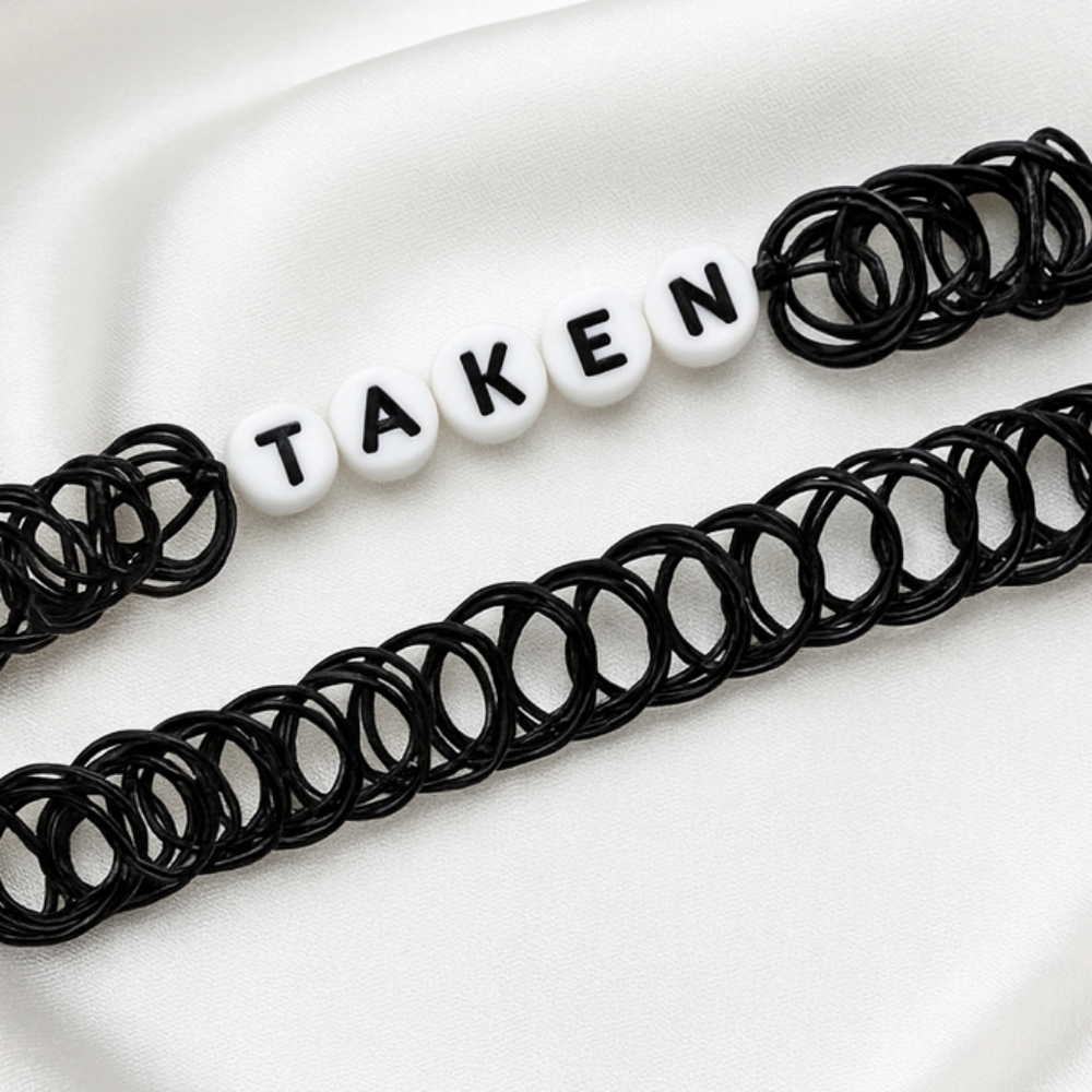 Stylish Black Elastic Bracelet Duo – 'TAKEN' Beaded Statement & Minimalist Weave
